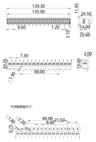 柵板式端子臺(tái)GT2.5-860-16P圖紙